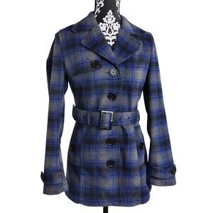 Blue Grey Black Casual Plaid Preppy Belted Collared Button Up Peacoat Wool Blend